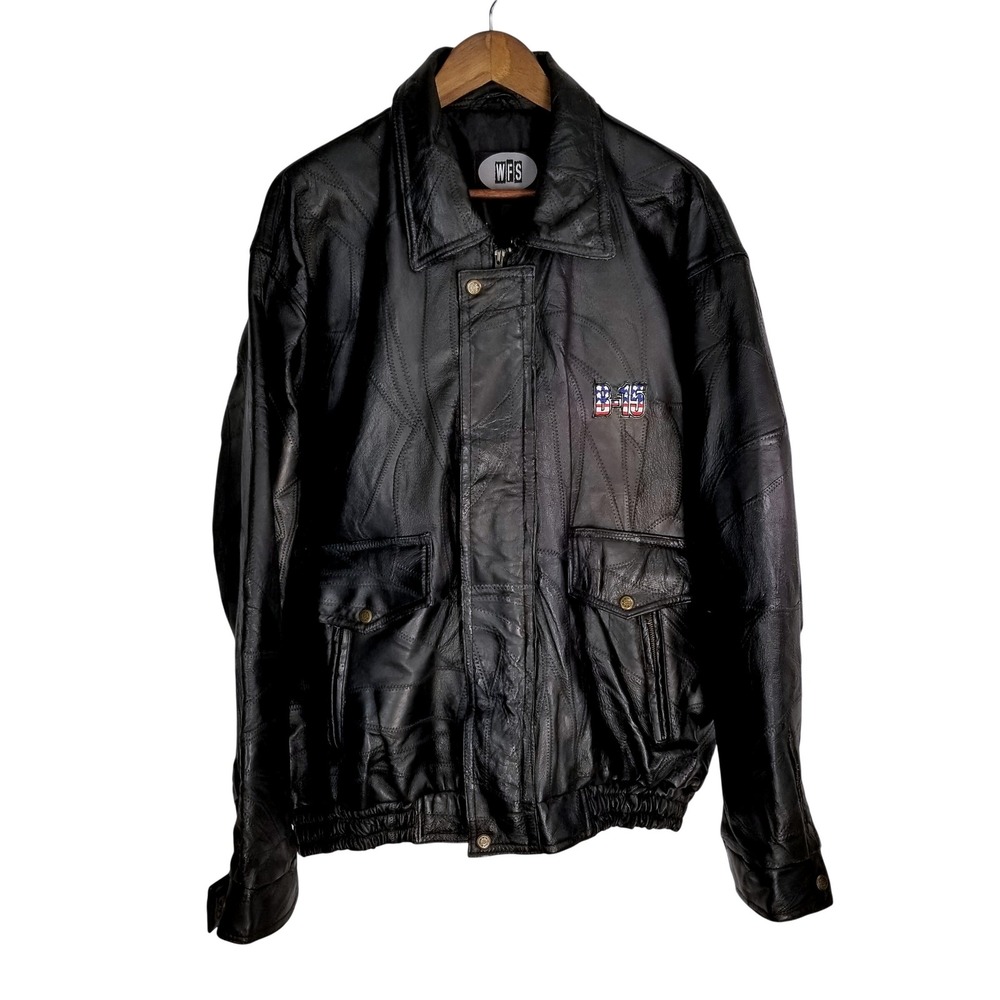 WFS Mens Black Genuine Leather Patchwork Bomber Jacket B-15 American Flag‎ Patch